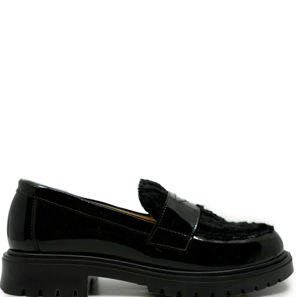 Andanines Black Patent Shearling Penny Loafer New