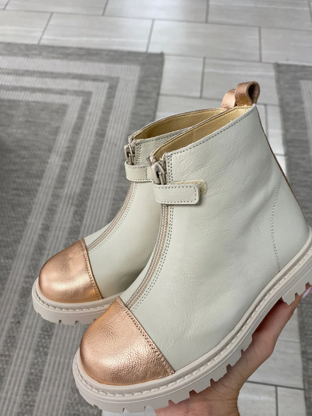 Andanines Cream and Rose Gold Zipper Boot Sale