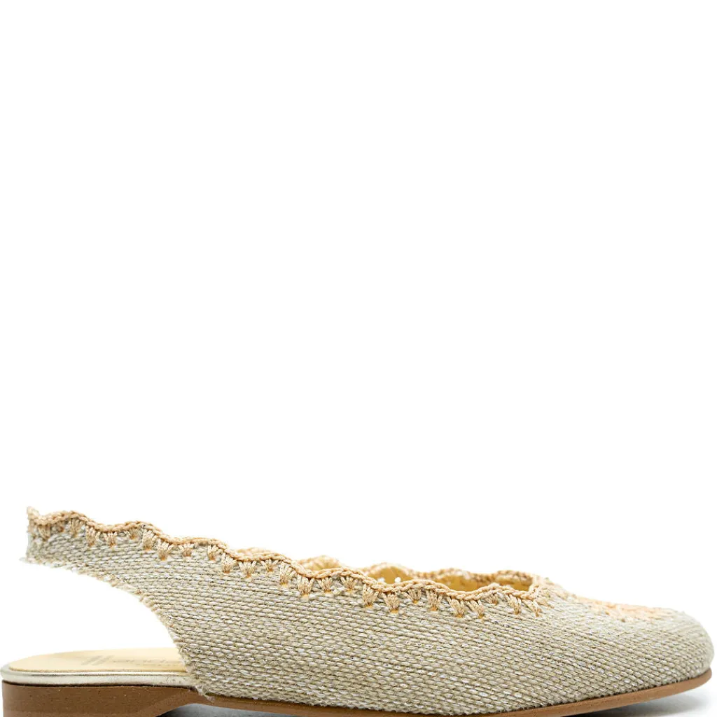Andanines Gold Linen Heart Crochet Slingback New