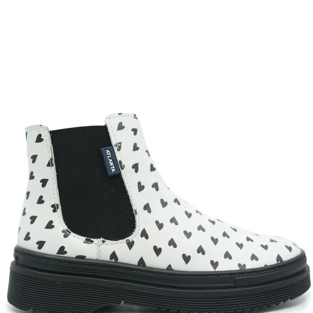 Atlanta Mocassin White and Black Hearts Elastic Bootie Discount