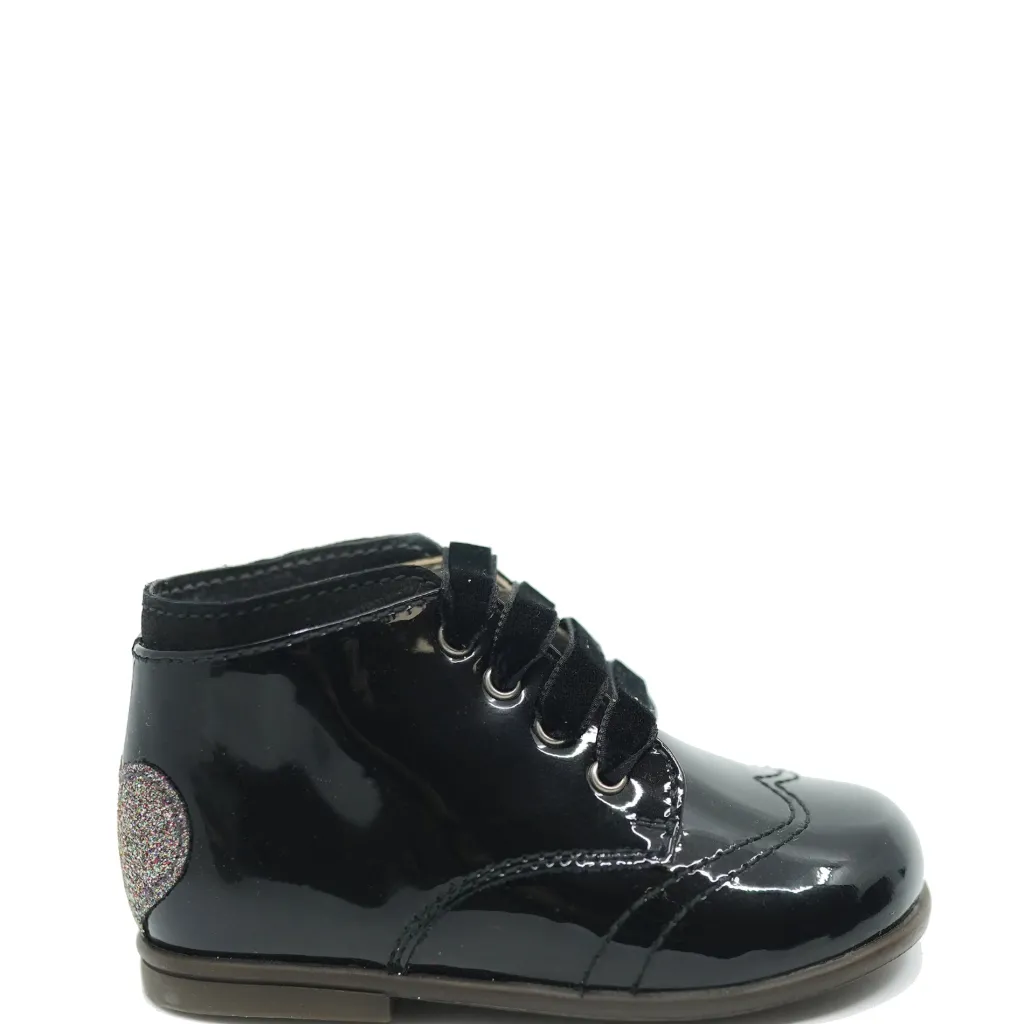Beberlis Black Patent Glitter Heart Baby Bootie Clearance