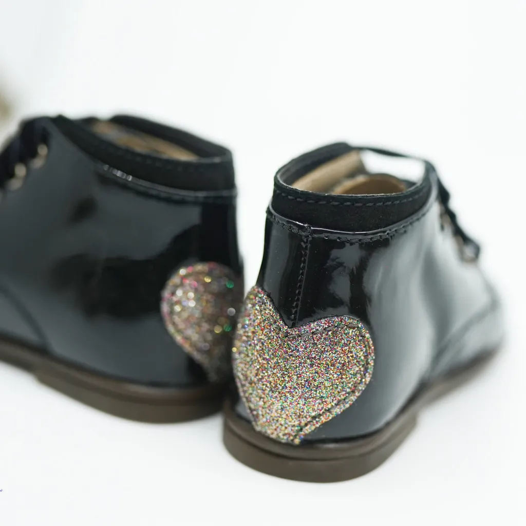 Beberlis Black Patent Glitter Heart Baby Bootie Clearance