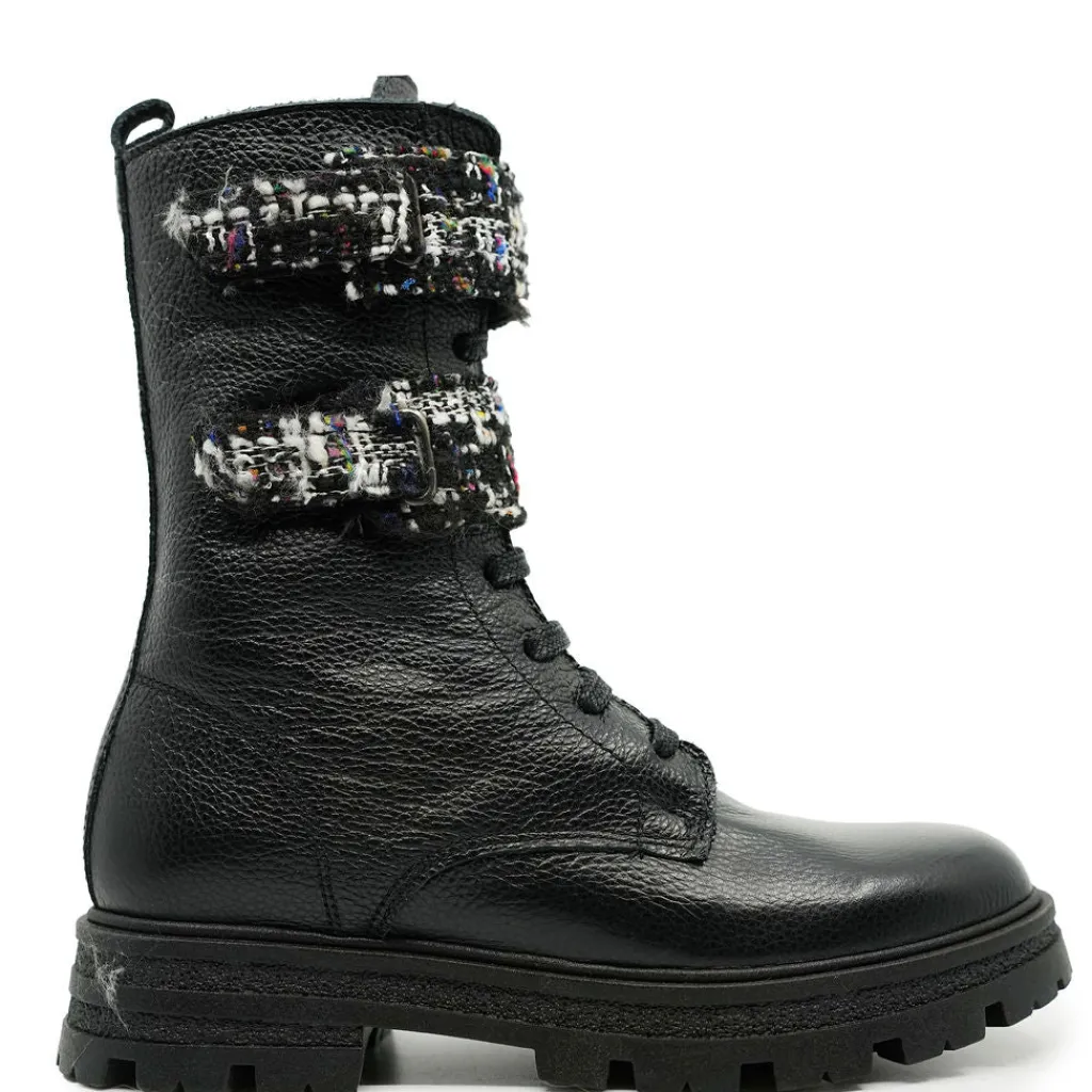 BluBlonc Black Leather Tweed Velcro Boot New