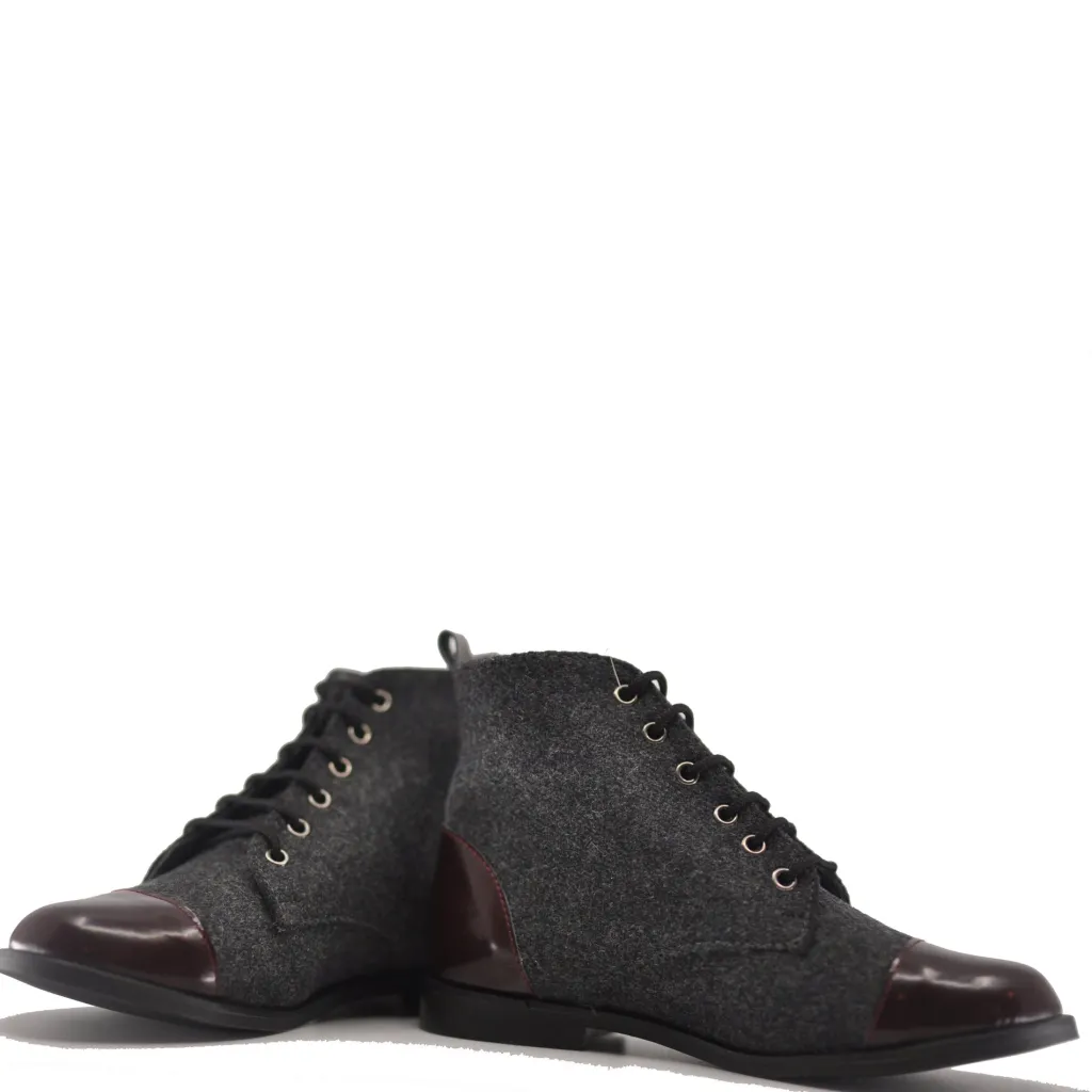 BluBlonc Gray Wool and Burgundy Captoe Bootie Best
