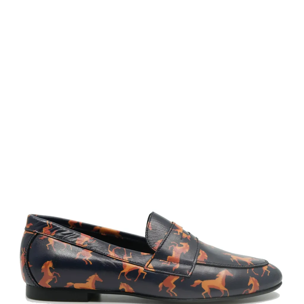 BluBlonc Navy Horse Printed Penny Loafer Discount