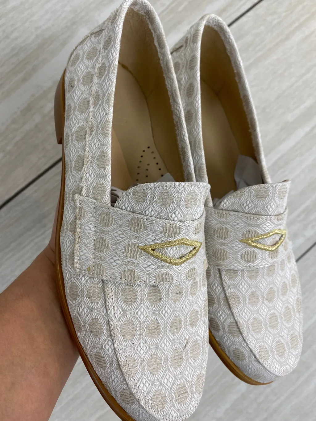 BluBlonc Taupe And White Embroidered Penny Loafer Fashion