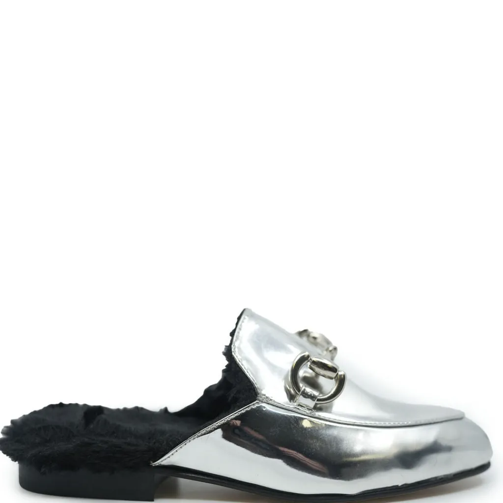 Confetti Silver Mirror and Fur Buckle Mule Online