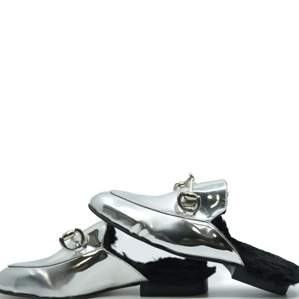 Confetti Silver Mirror and Fur Buckle Mule Online