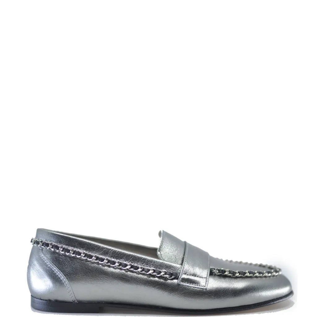 Hoo Pewter Metallic Chain Loafer New