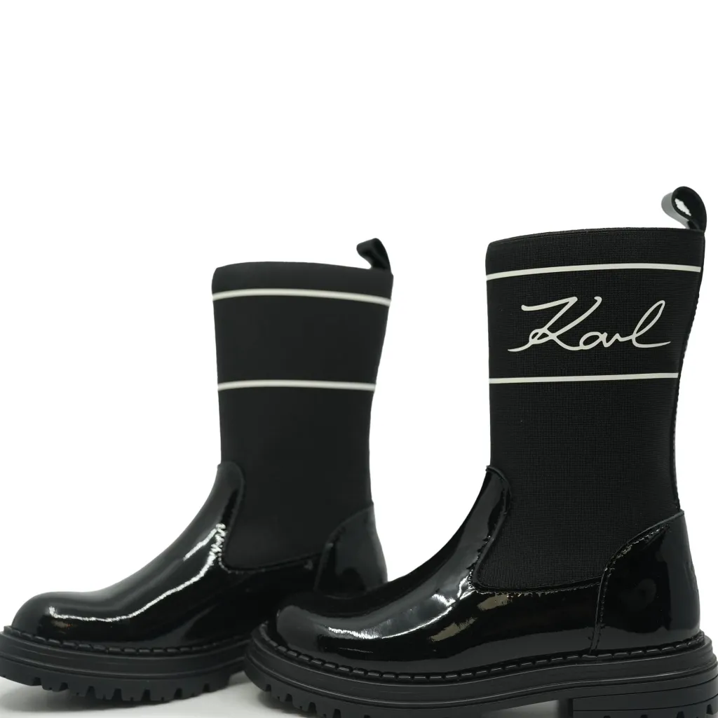 Karl Lagerfeld Black Patent and Elastic Logo Boot Fashion