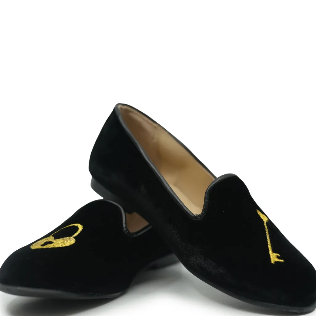 LMDI Collection LMDI Black Velvet Lock and Key Embroidered Loafer Outlet
