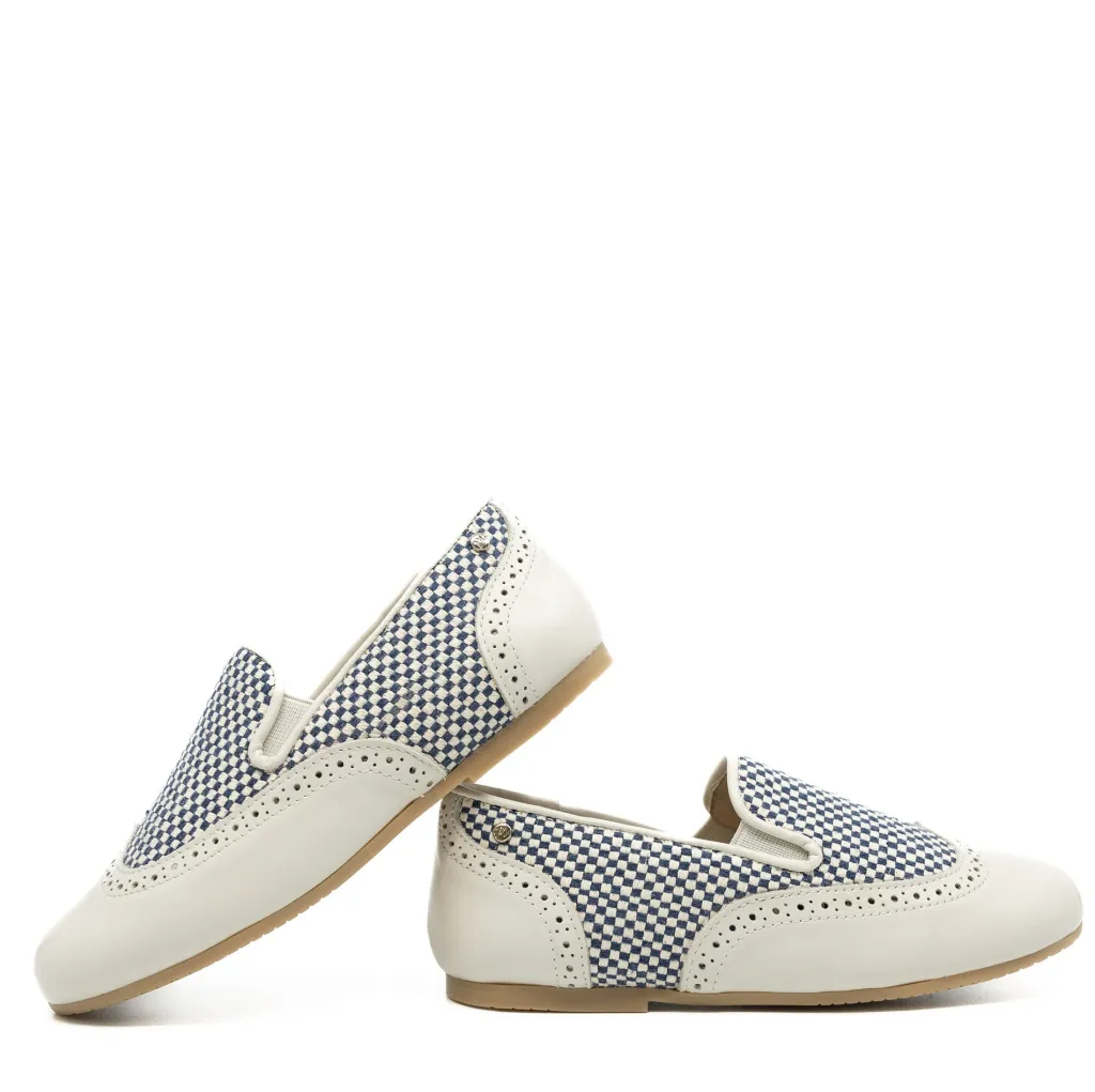 Manuela De Juan Manuela Ivory and Blue Checkered Wingtip Smoking Loafer Best
