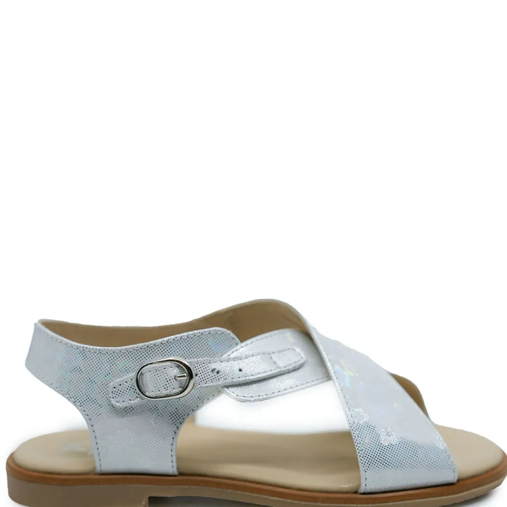 Manuela De Juan Manuela Silver Iridescent Flower Criss Cross Sandal Clearance