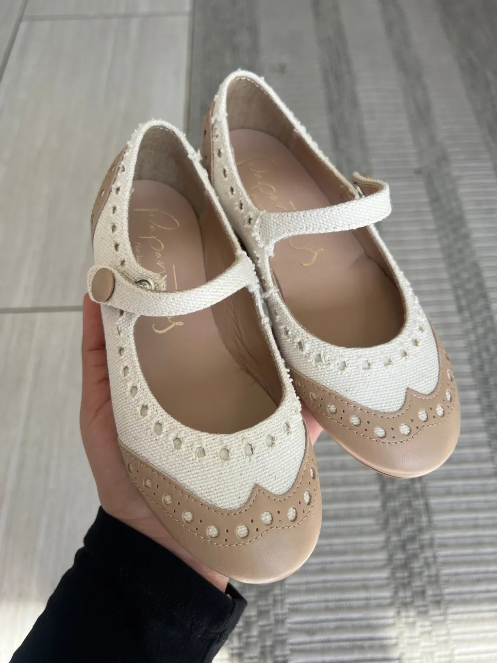 Papanatas Beige and White Linen Wingtip Mary Jane Fashion
