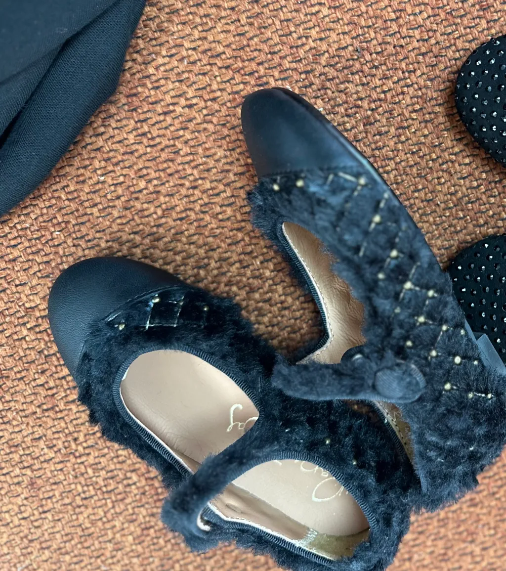 Papanatas Black Fur and Gold Stud Mary Jane Fashion