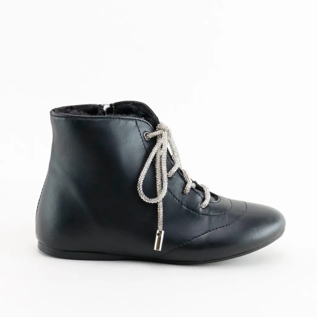 Papanatas Black Leather Rhinestone Lace Bootie Outlet