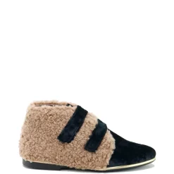 Papanatas Black Velvet and Shearling Velcro Bootie Fashion