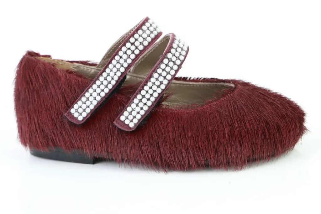 Papanatas Burgundy Pony Pearl Velcro Mary Jane Fashion