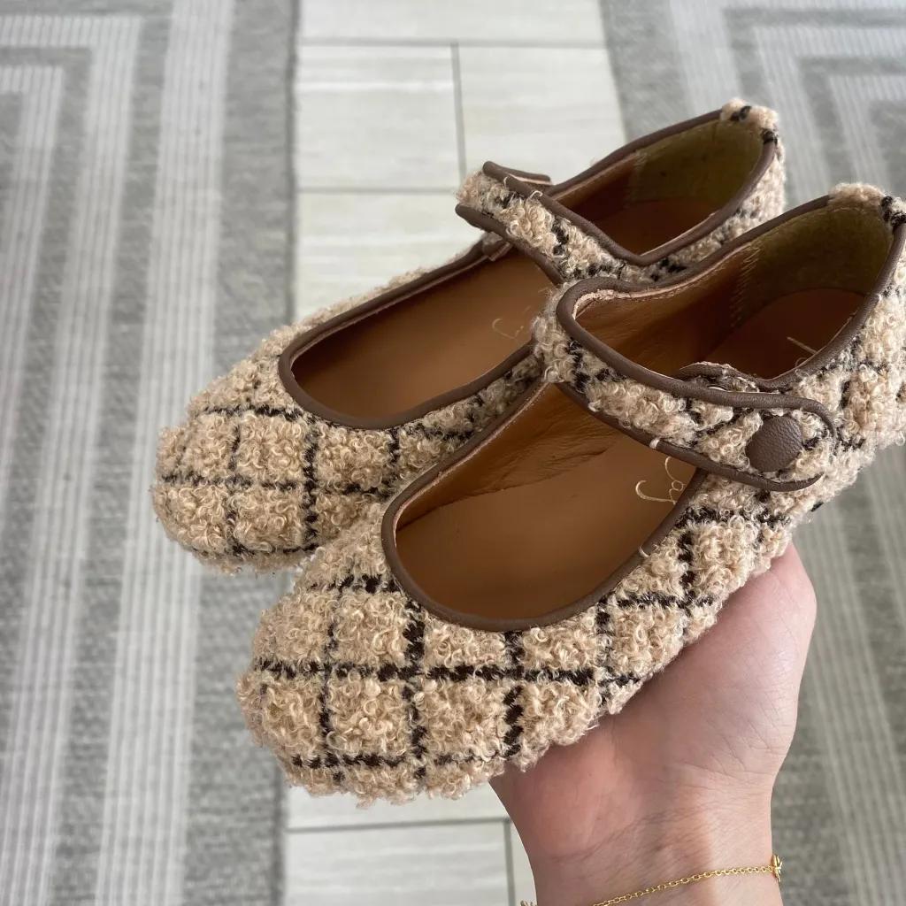 Papanatas Cream Checkered Shearling Mary Jane New