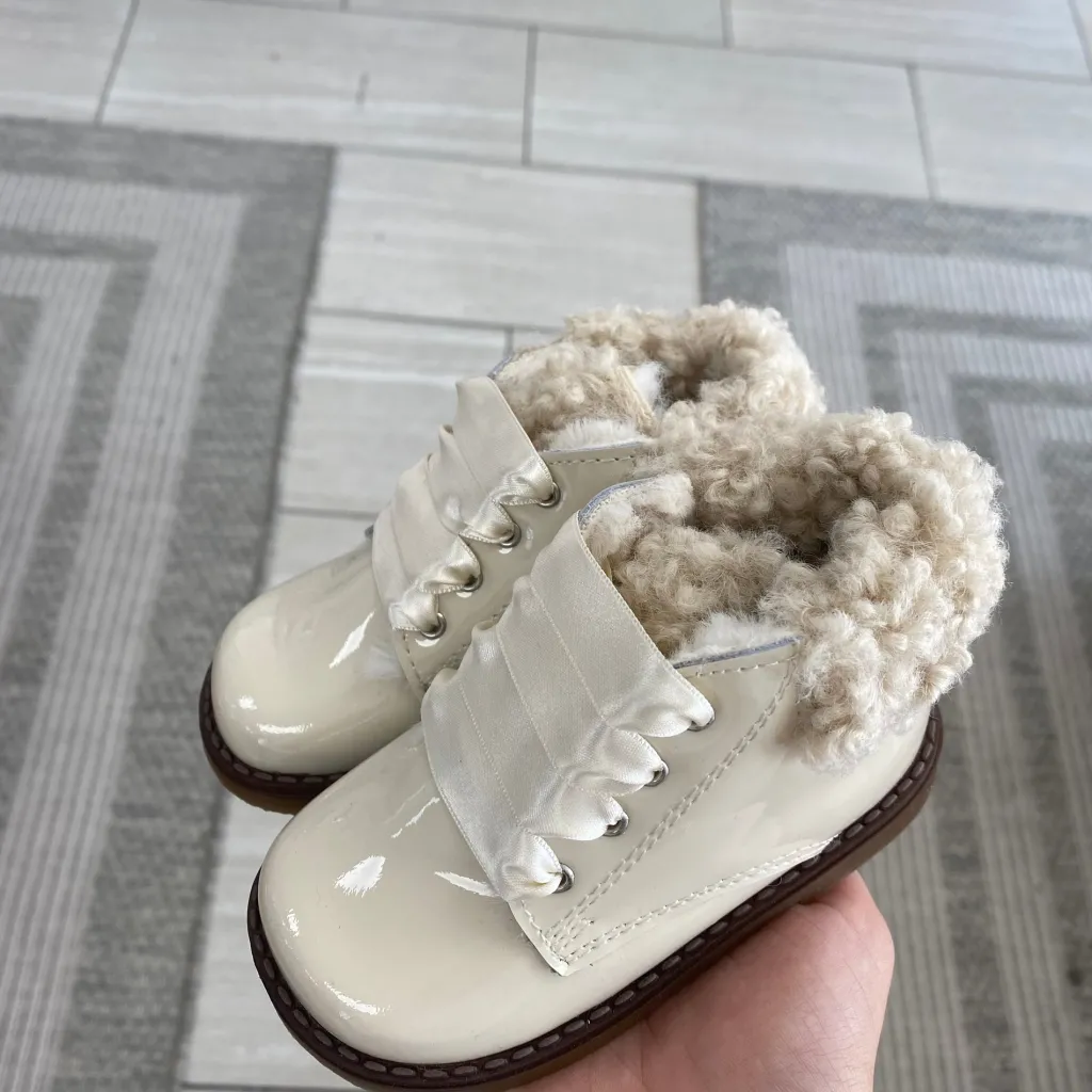 Papanatas Ivory Patent and Fur Baby Bootie Outlet