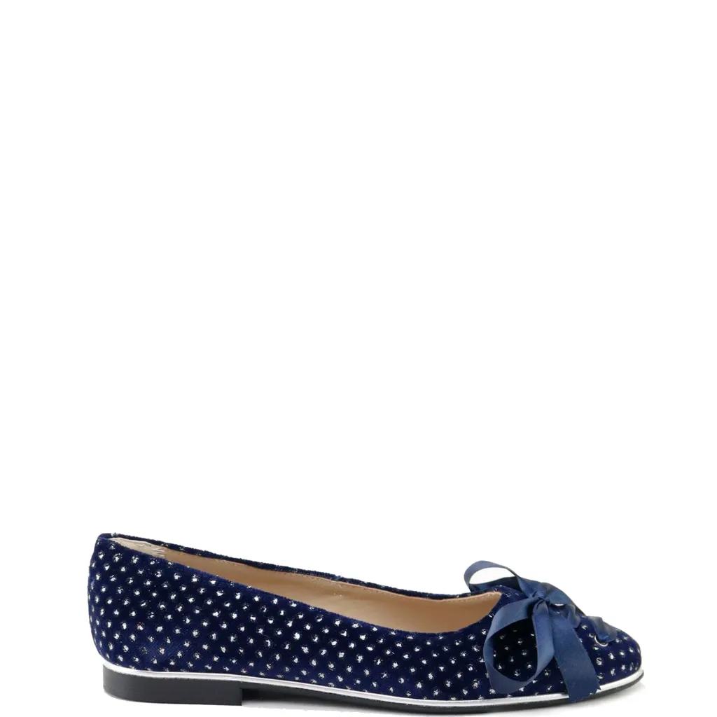 Papanatas Navy Velvet Speckled Bow Flat New