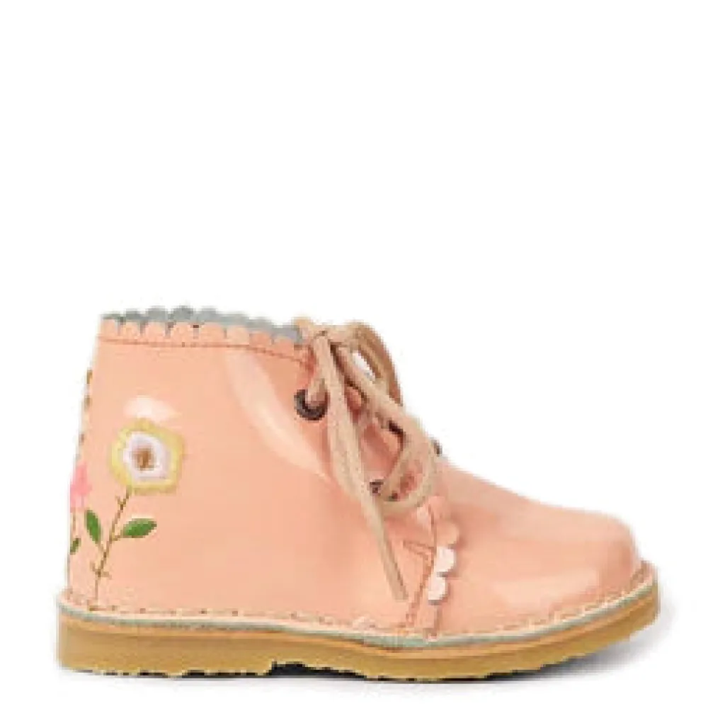 Petit Nord Blush Patent Embroidered Scalloped Baby Bootie Sale