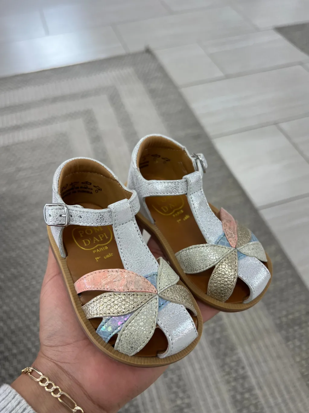 Pom D'Api Silver Flower Baby Sandal New