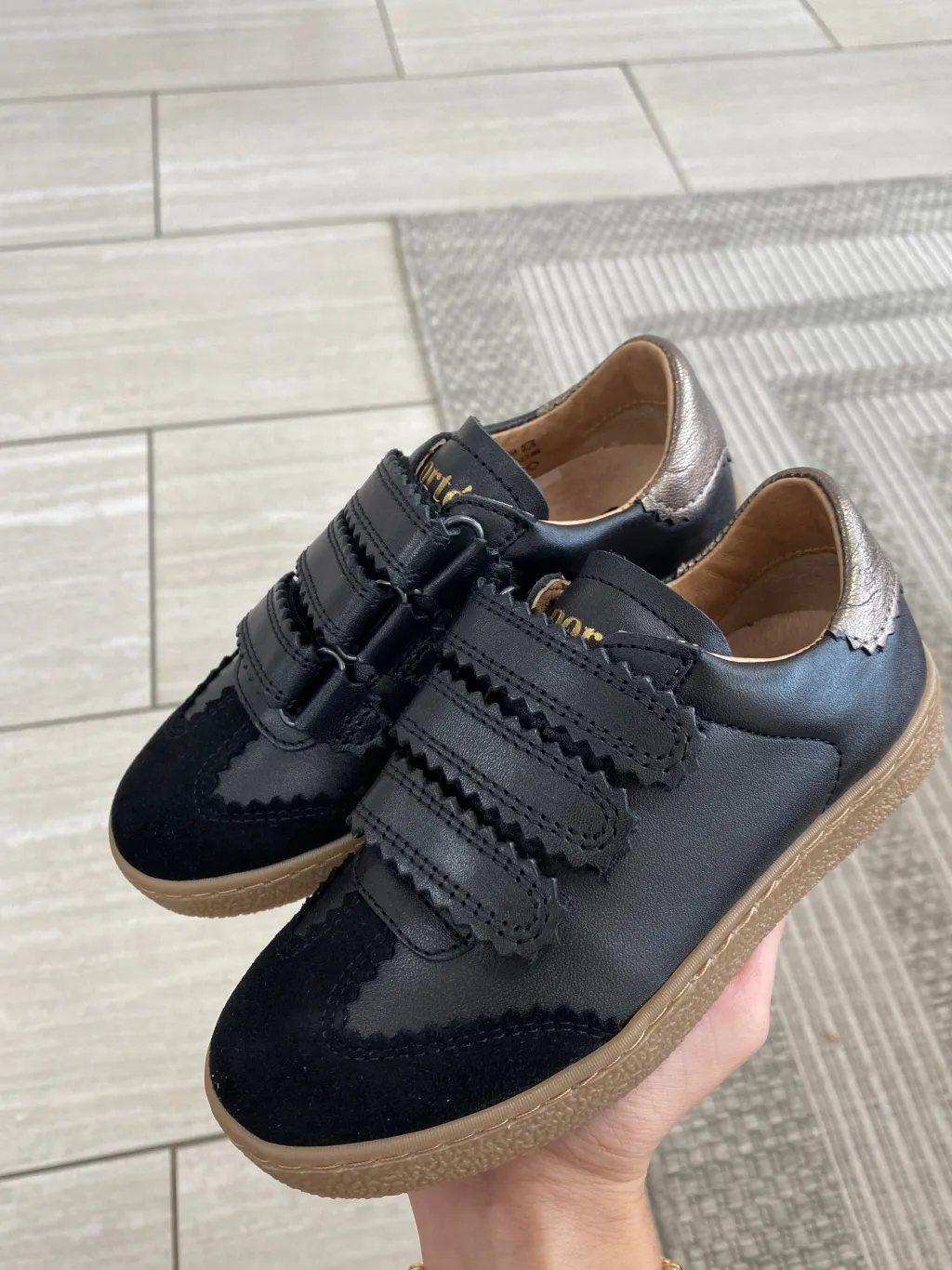 Porte Black and Gold Scalloped Velcro Sneaker New