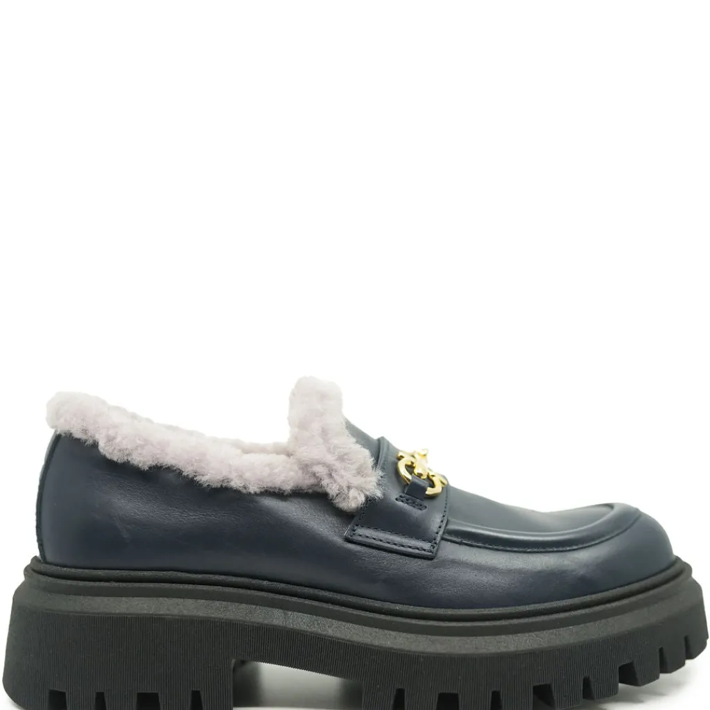 Rondinella Navy and Fur Buckle Chunky Loafer Sale