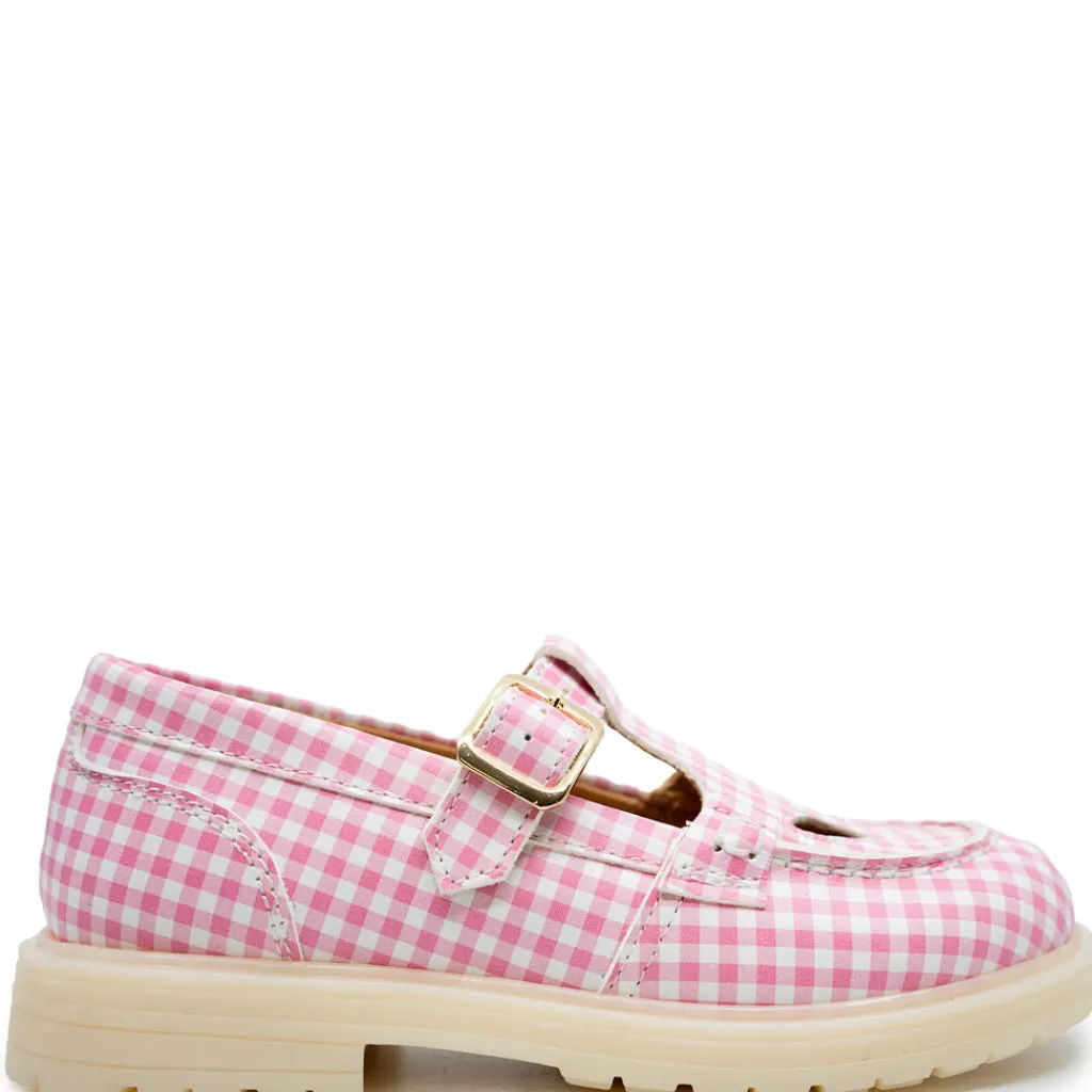 Rondinella Pink Gingham T Strap Loafer Hot