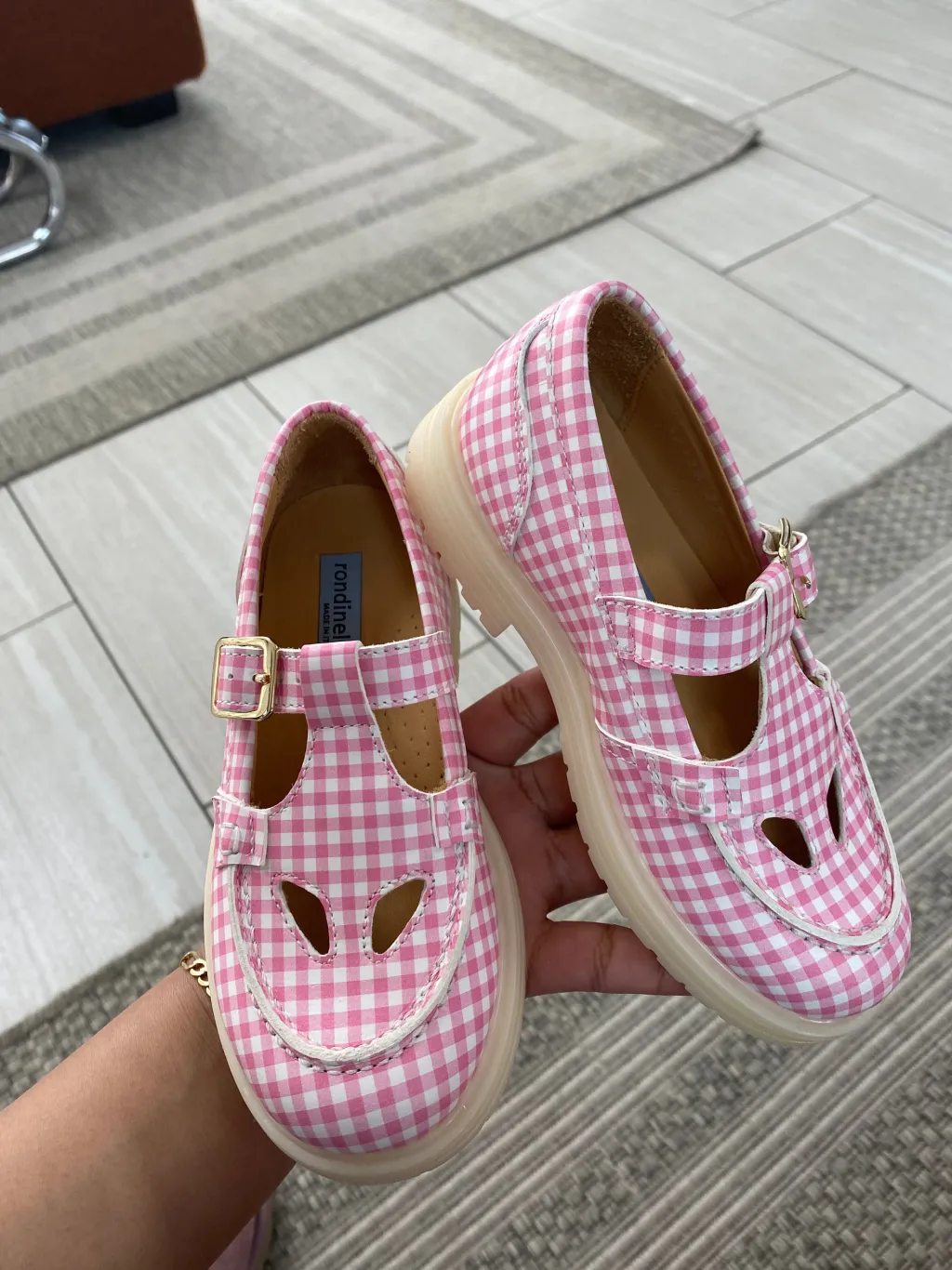 Rondinella Pink Gingham T Strap Loafer Hot