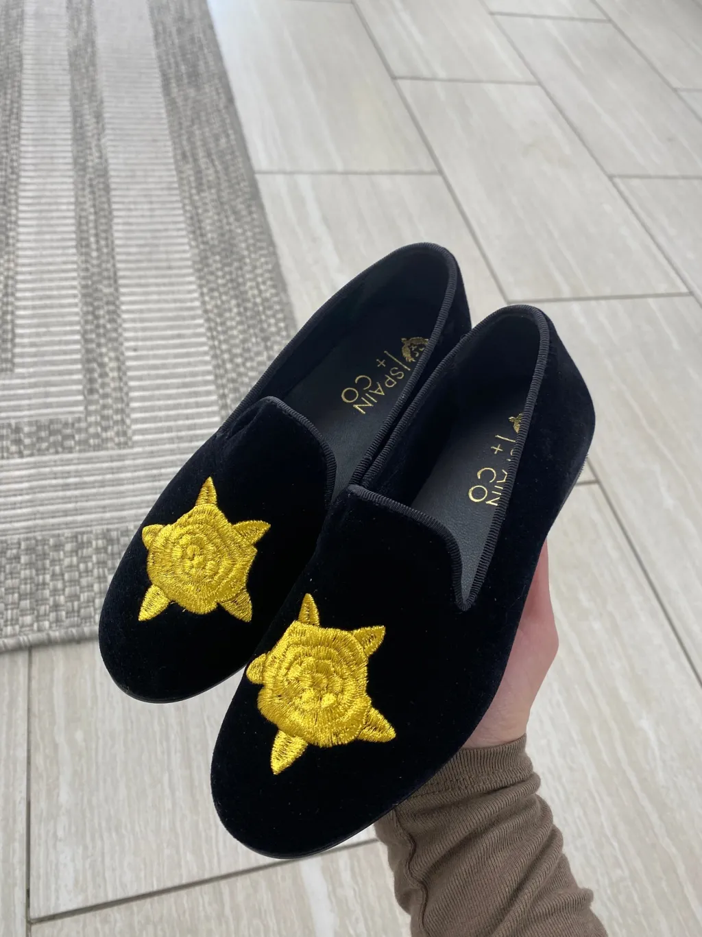 Spain+Co Black and Gold Flower Embroidered Smoking Loafer Hot