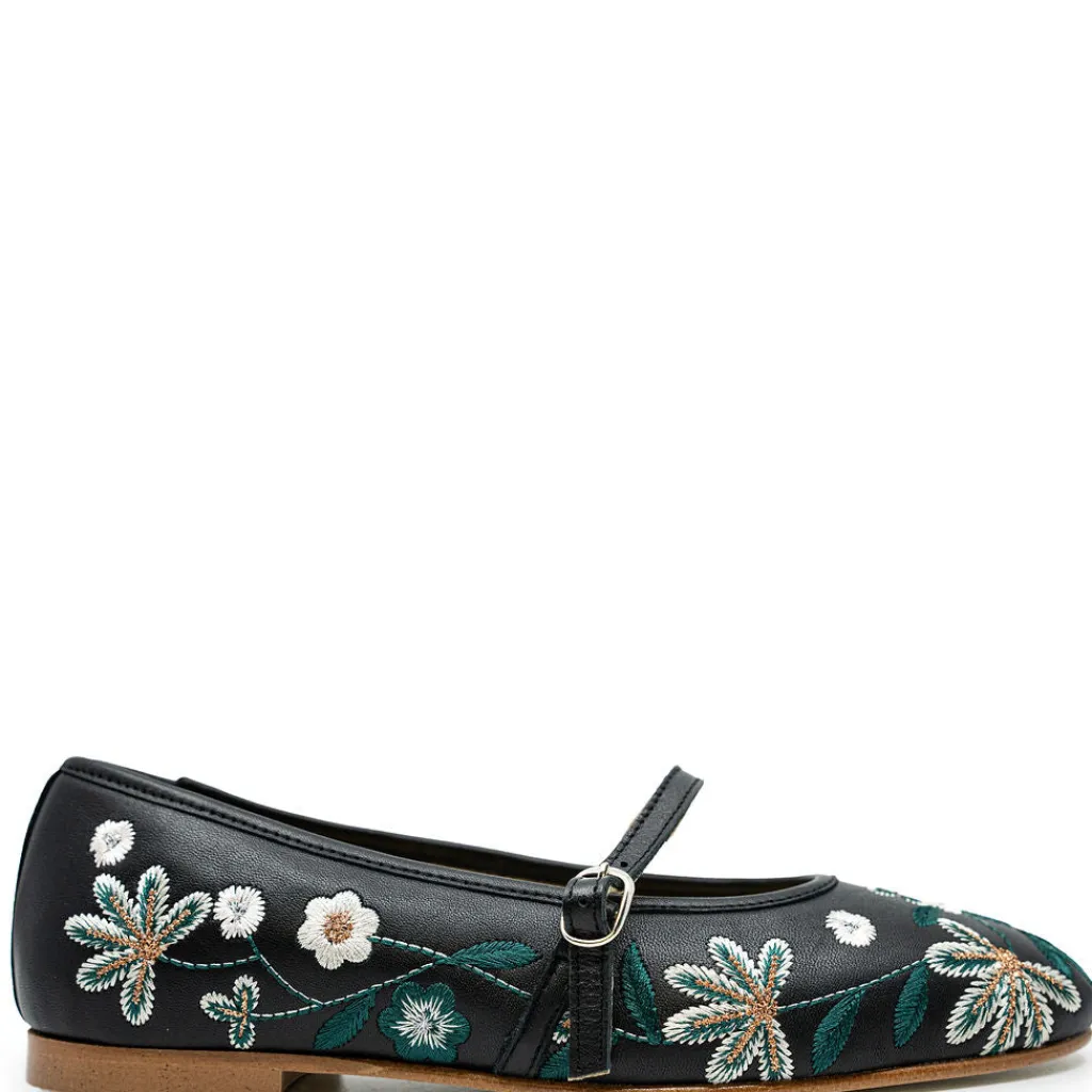 Spain+Co Black Floral Embroidered Strap Flat Best
